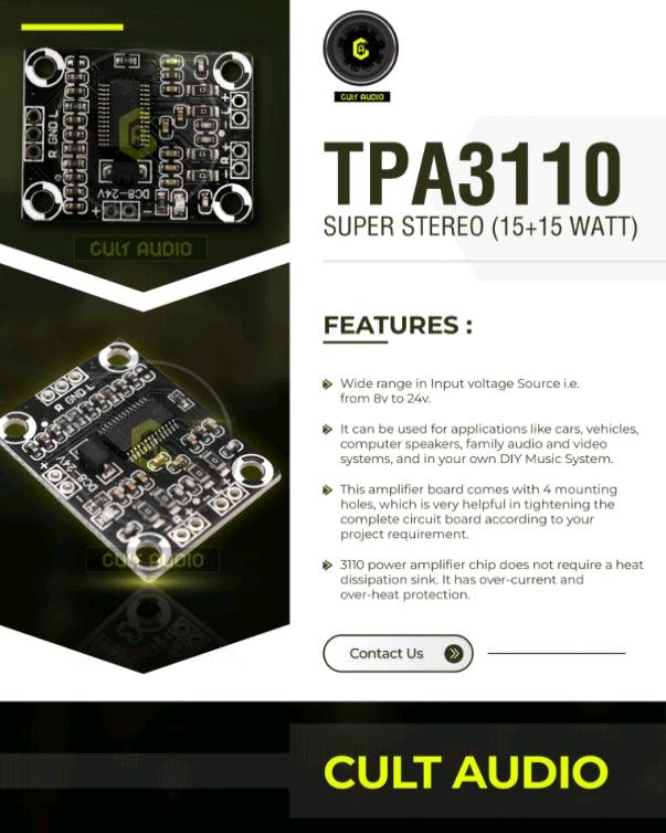TPA3110 Audio Amplifier Module (DC 8-24V) - Dual Channel 15W + 15W High Power for Speaker - CULT AUDIO