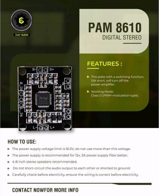 PAM8610 Digital Stereo Class-D Amplifier Module 2x15W Output - CULT AUDIO